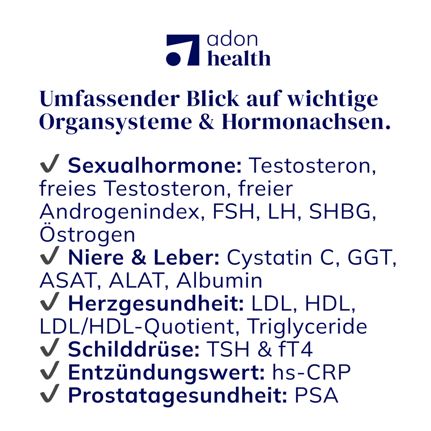 Überblick über die analysierten Laborwerte beim umfassenden Gesundheitscheck von Adon Health