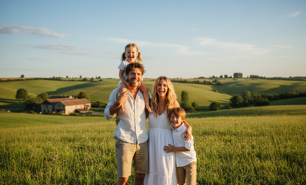family of four on countryside happy