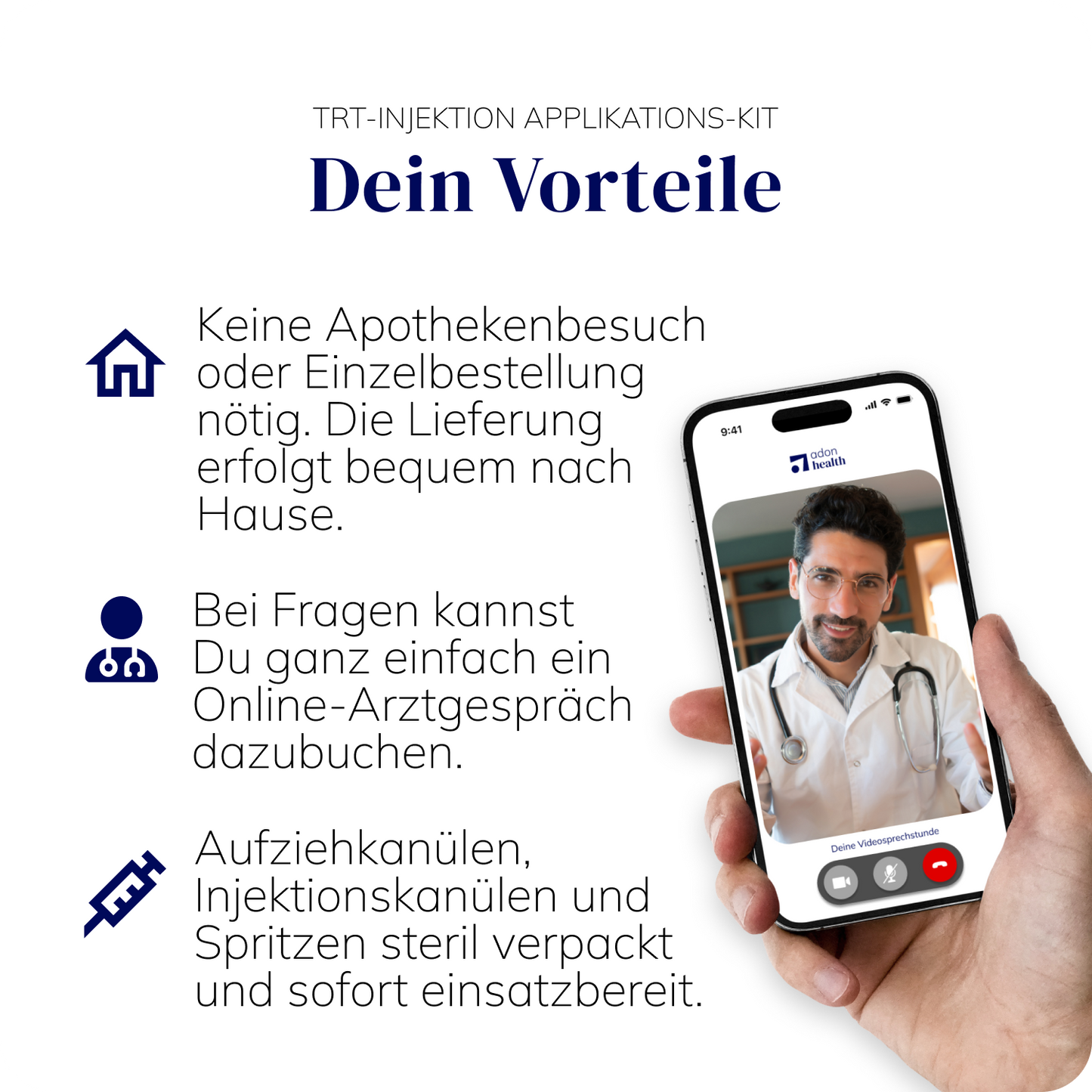 Vorteile des TRT-Injektions-Kits von Adon Health: Lieferung nach Hause, steriles Zubehör, Online-Arztgespräch optional buchbar