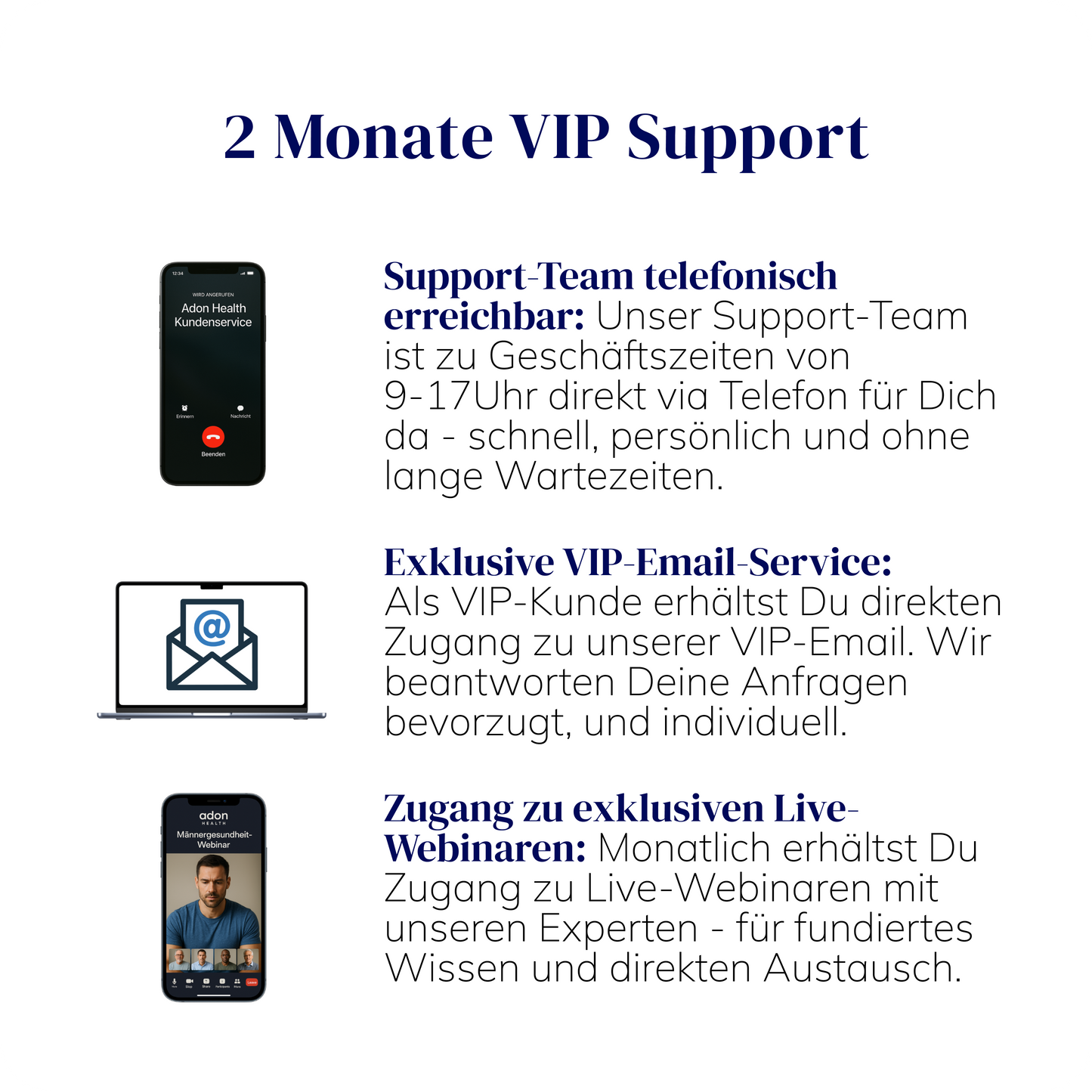 Adon Health VIP Support für 2 Monate enthält telefonische Erreichbarkeit, VIP-Email und Webinare