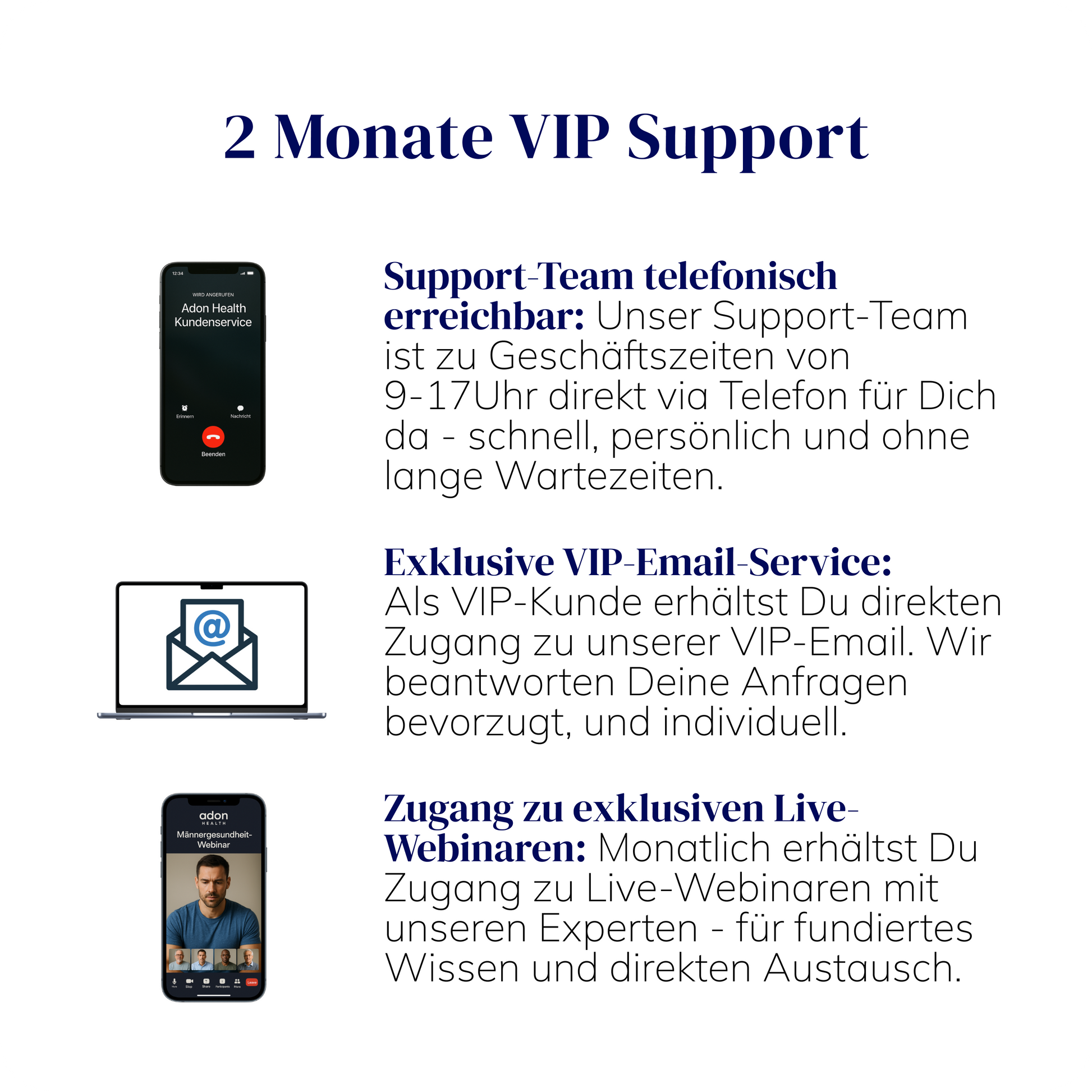 Adon Health VIP Support für 2 Monate enthält telefonische Erreichbarkeit, VIP-Email und Webinare
