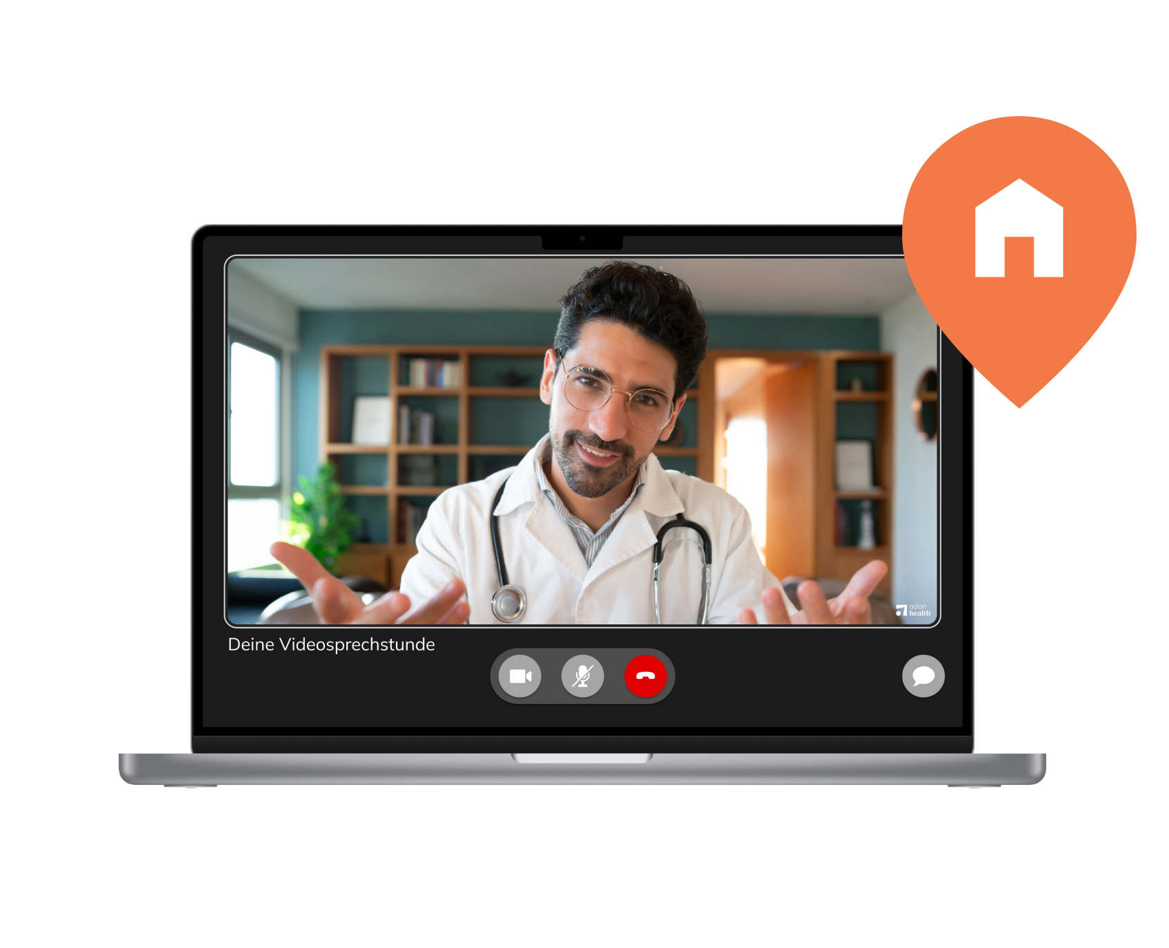 Arzt bei Videosprechstunde zu sehen auf Bildschirm eines Laptops.