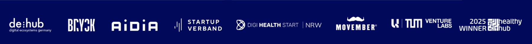  Logos der Partnerorganisationen von Adon Health auf einem dunkelblauen Banner, darunter de:hub, BRYCK, AIDIA, Startup Verband, Digi Health Start NRW, Movember, TUM Venture Labs, Helathy Hub Winner 2025
