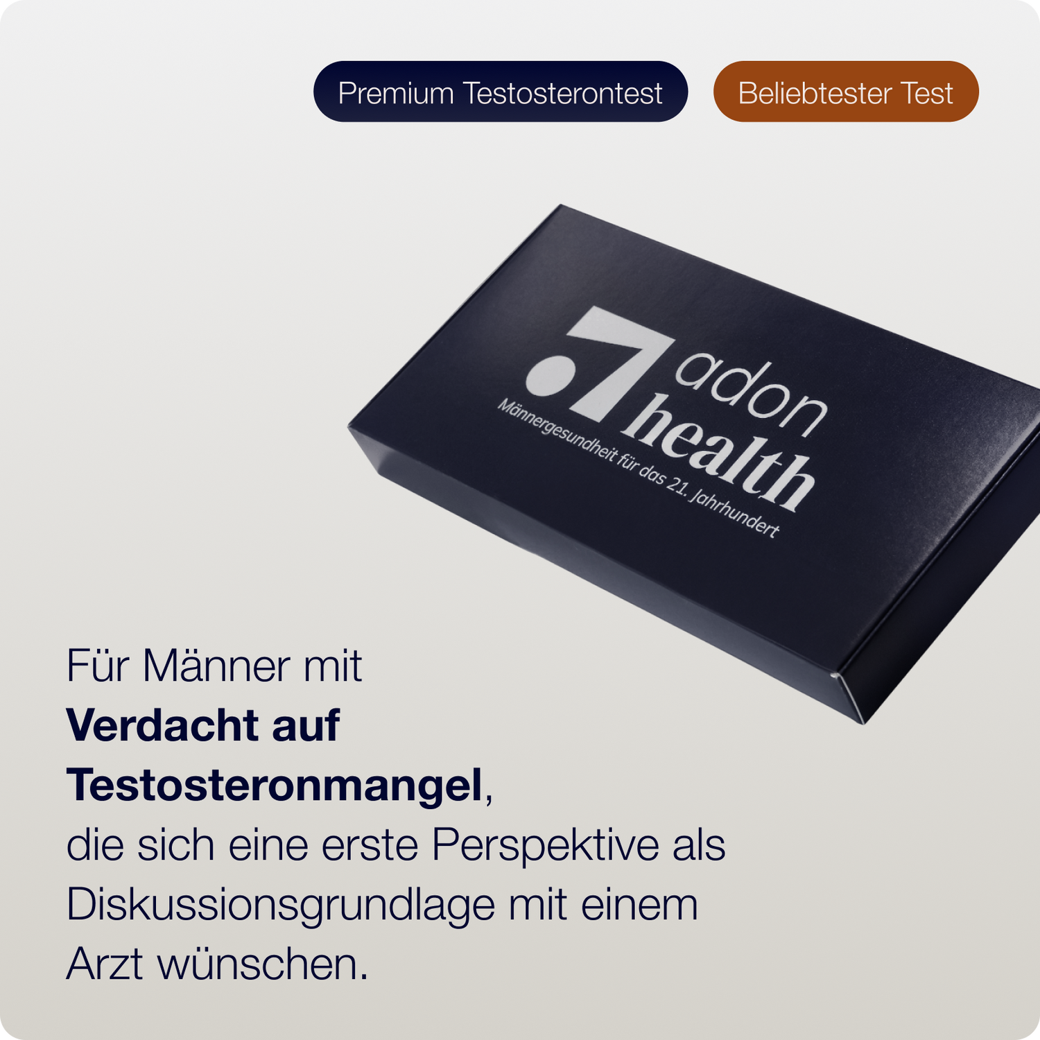 A dark blue “Alles-In-Einem” TRT-Check box appears on a light background. This popular Testosteron Testkit offers an easy Blutuntersuchung zuhause for men suspecting testosterone deficiency—ideal for starting a discussion with your doctor.