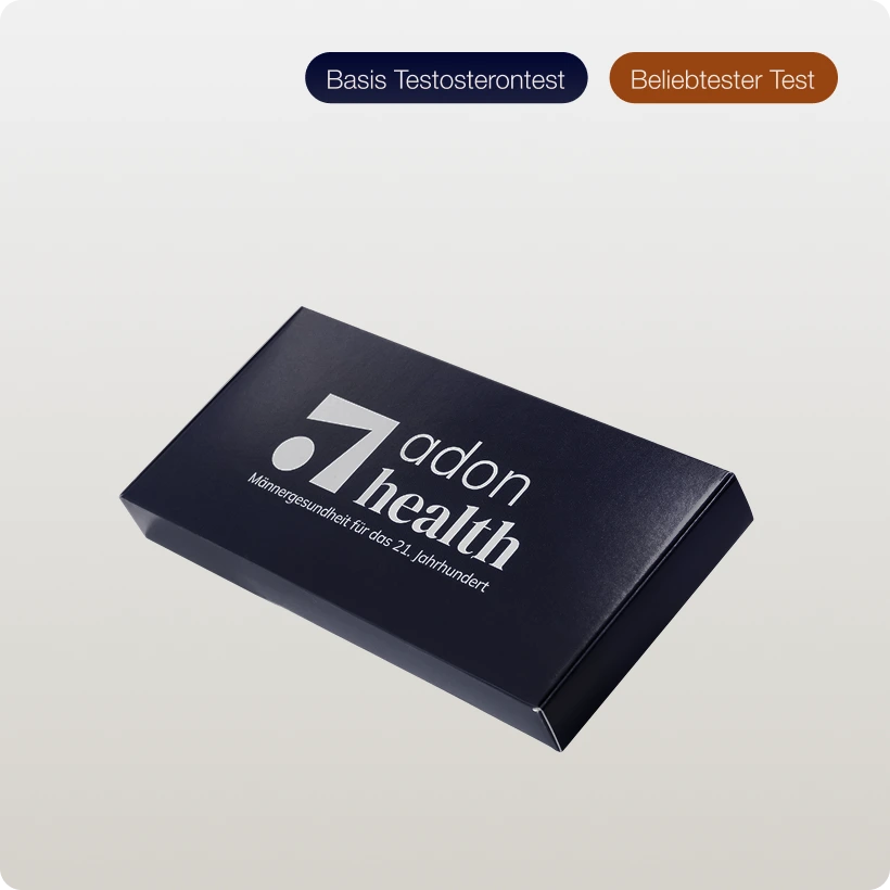 A dark blue box labeled “Dummy Testosteron Test” with German text below, displayed on a light gradient background. Two buttons above read Basis Testosterontest and Beliebtester Test in German.