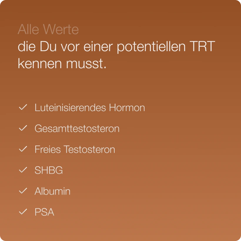 The Dummy Testosteron Test displays German text on a brown background listing key values to check before TRT: Luteinizing hormone, total testosterone, free testosterone, SHBG, albumin, and PSA.