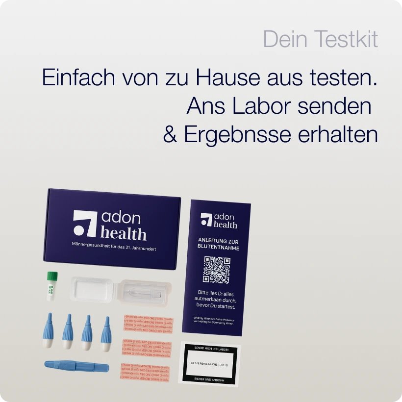 The Dummy Testosteron Test home kit from adon health is shown with instructions, sample tools, labeled containers, and cards on a light background. Text above guides: test at home, send to lab, get results.