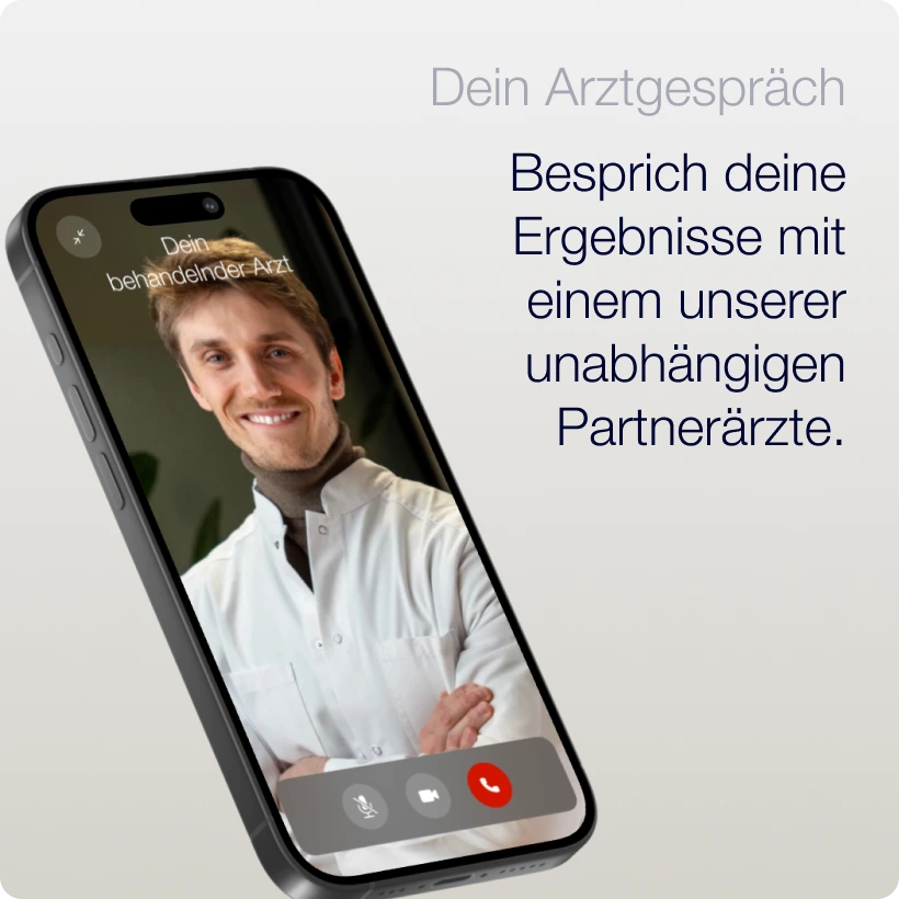 A smartphone shows a video chat with a smiling doctor; beside it, German text invites users of the Dummy Testosteron Test to discuss their results with an independent partner physician.