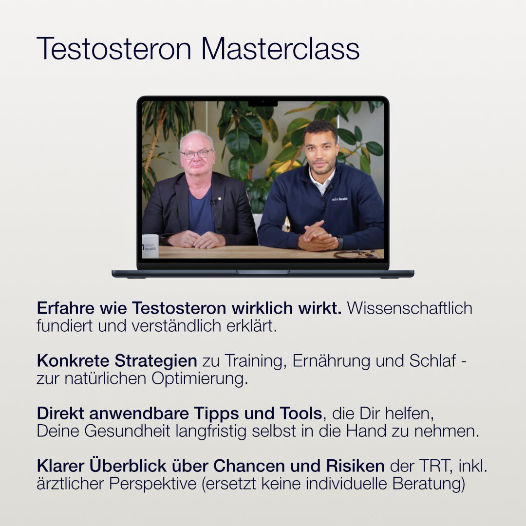 Laptop mit Standbild aus der Testosteron Masterclass: Ein älterer Arzt im Blazer und Dr. med. Jonathan Apasu im Adon-Health-Pullover sitzen an einem Tisch vor Zimmerpflanzen. Darunter vier Vorteile des Kurses: wissenschaftlich fundiertes Wissen, Strategien zu Training, Ernährung und Schlaf, anwendbare Tools und ein Überblick über Chancen und Risiken der TRT.