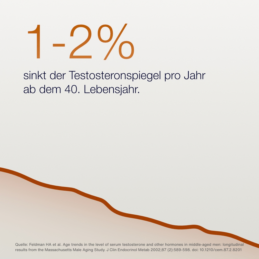 Grafik mit der Zahl „1–2 %“ in kupferfarbener Schrift und dem Text „sinkt der Testosteronspiegel pro Jahr ab dem 40. Lebensjahr“. Unten eine abfallende kupferfarbene Kurve als Symbol für den Rückgang.