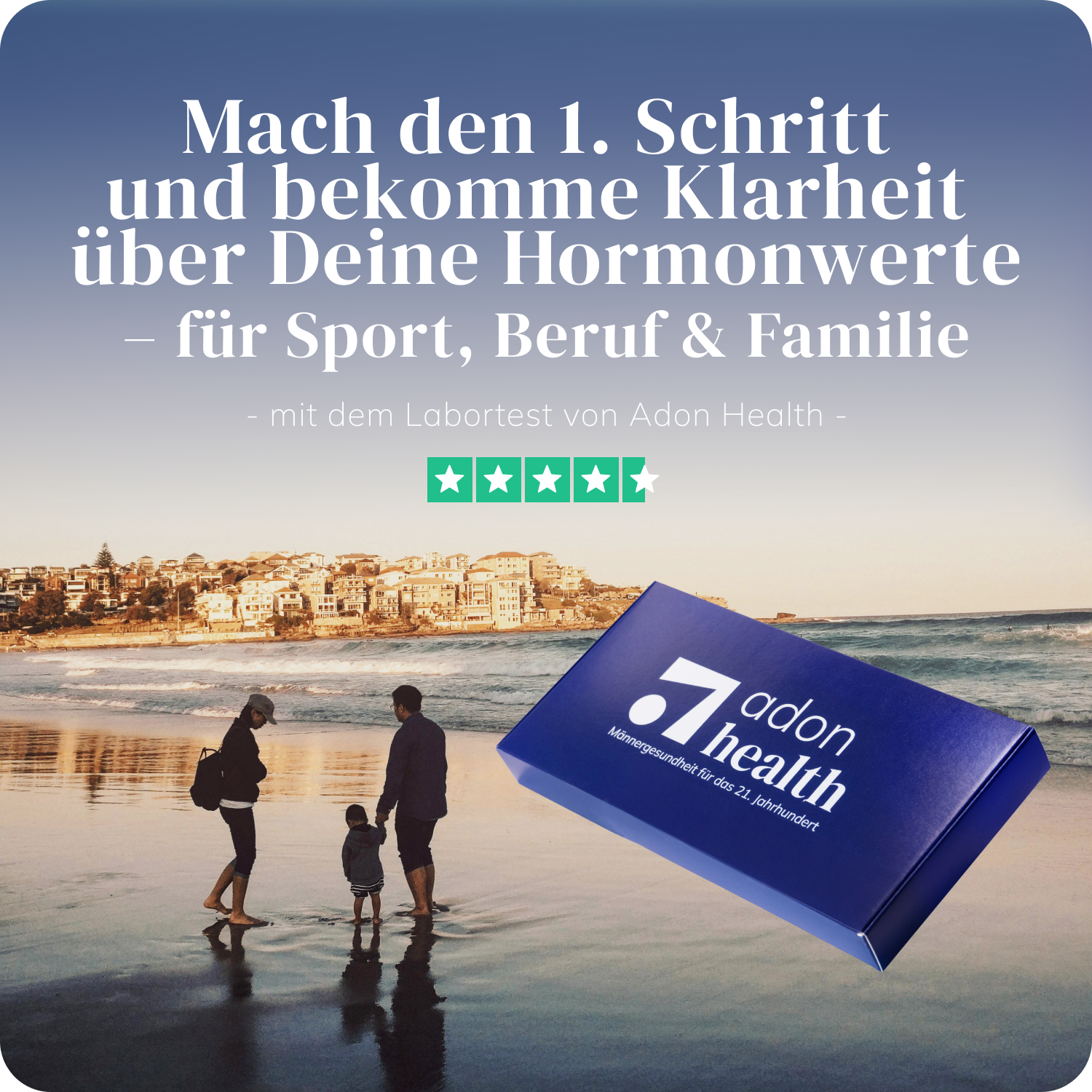 Testosteron-Bluttest von Adon Health mit Fokus auf hormonelles Gleichgewicht für Familie, Beruf und Sport