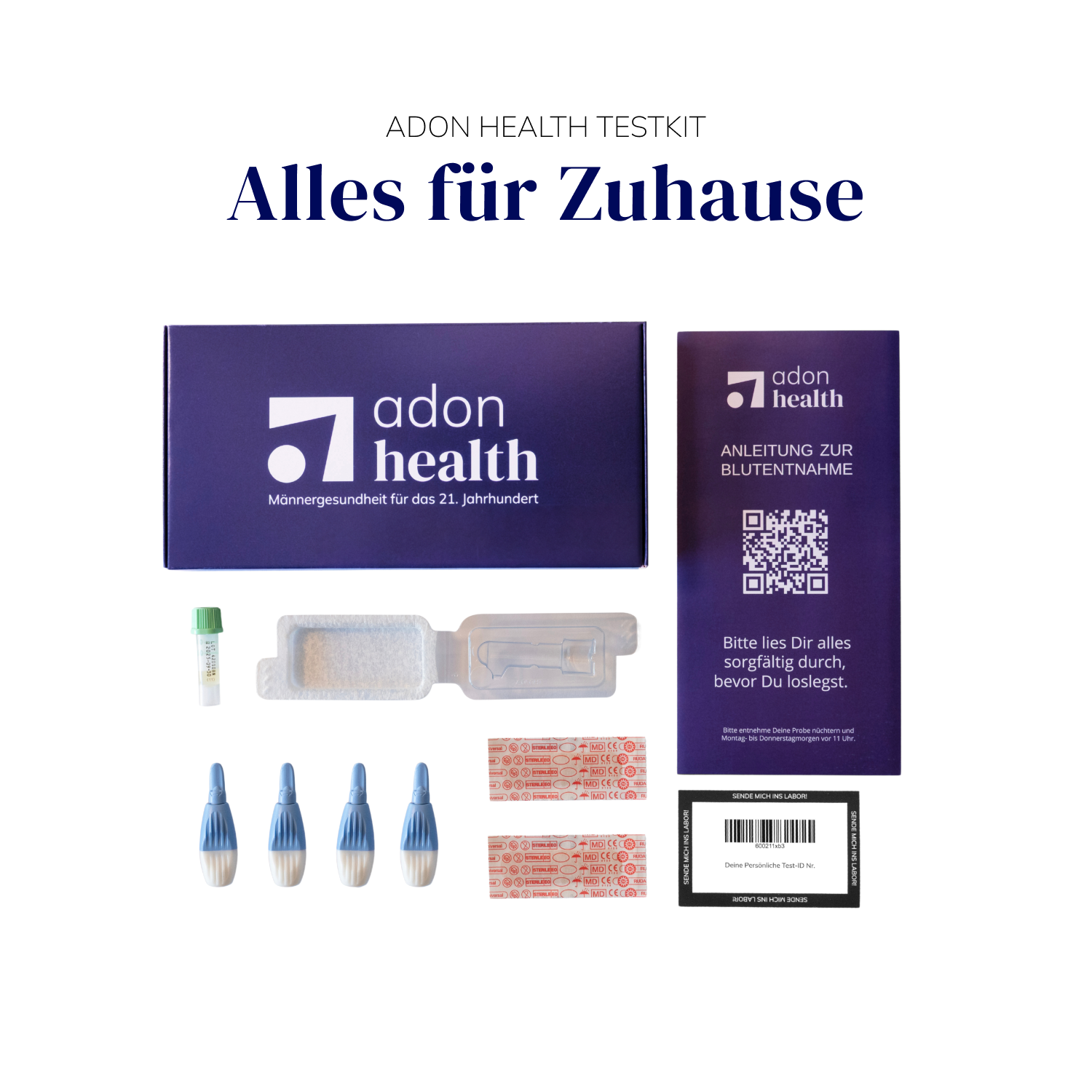 Komplettes Testosteron-Heimtest-Kit von Adon Health mit Lanzetten, Anleitung, Rücksendeetikett und Zubehör zur Blutentnahme