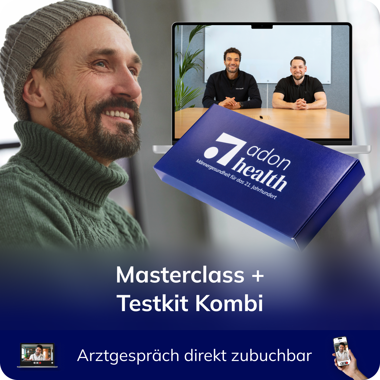 Mann nutzt das Testosteron Kombipaket von Adon Health mit Masterclass und Heimtestkit – Arztgespräch optional zubuchbar