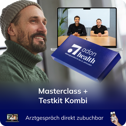 Mann nutzt das Testosteron Kombipaket von Adon Health mit Masterclass und Heimtestkit – Arztgespräch optional zubuchbar