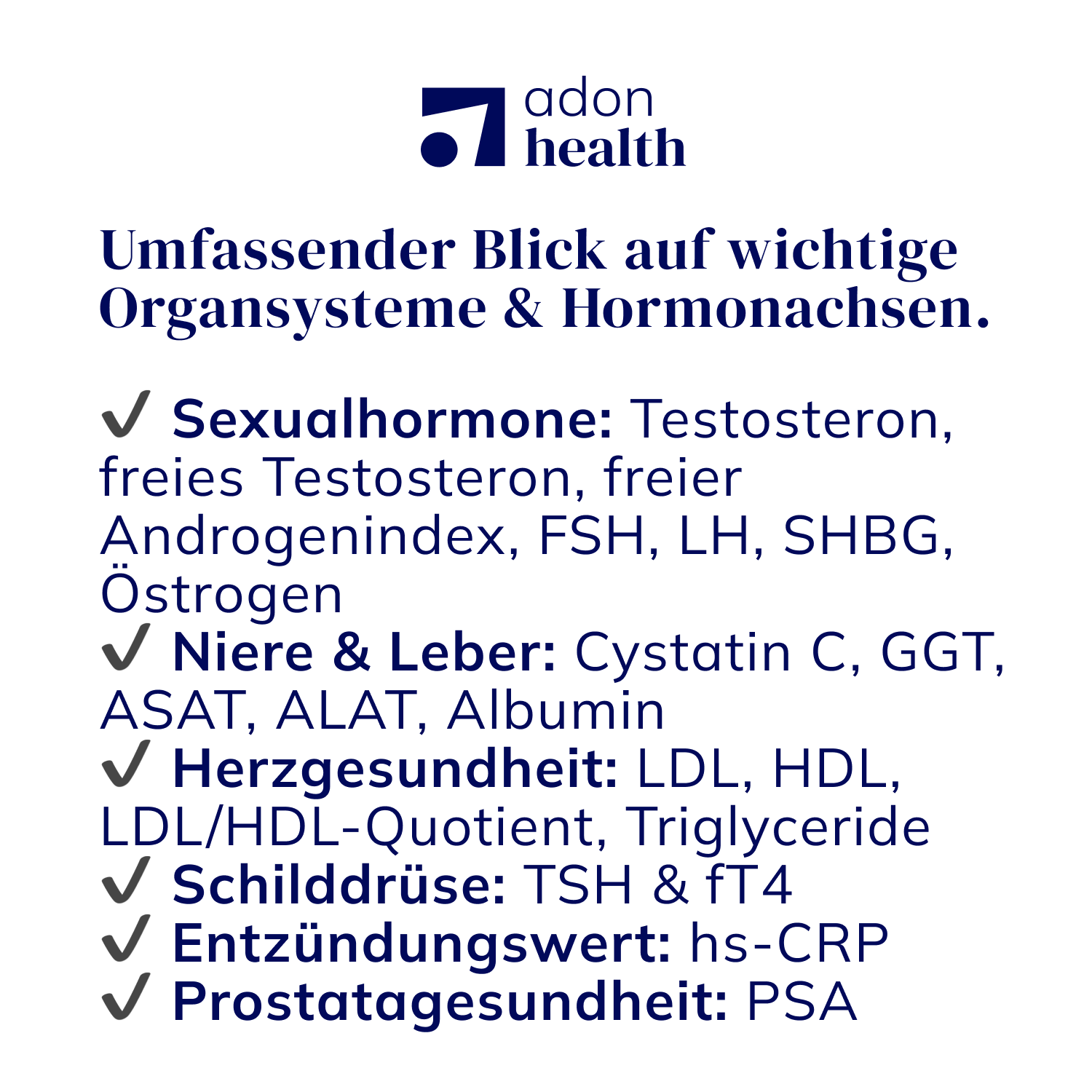 Überblick über die analysierten Laborwerte beim umfassenden Gesundheitscheck von Adon Health
