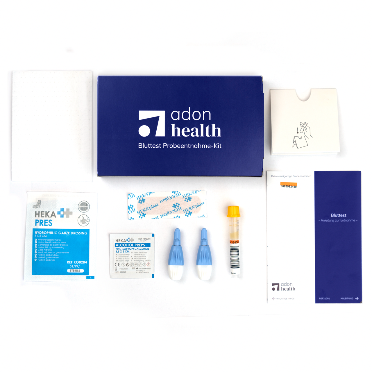 Inhalt des Adon Health Bluttest Kits zur Probenentnahme von zuhause mit Lanzetten Röhrchen Anleitung und Zubehör