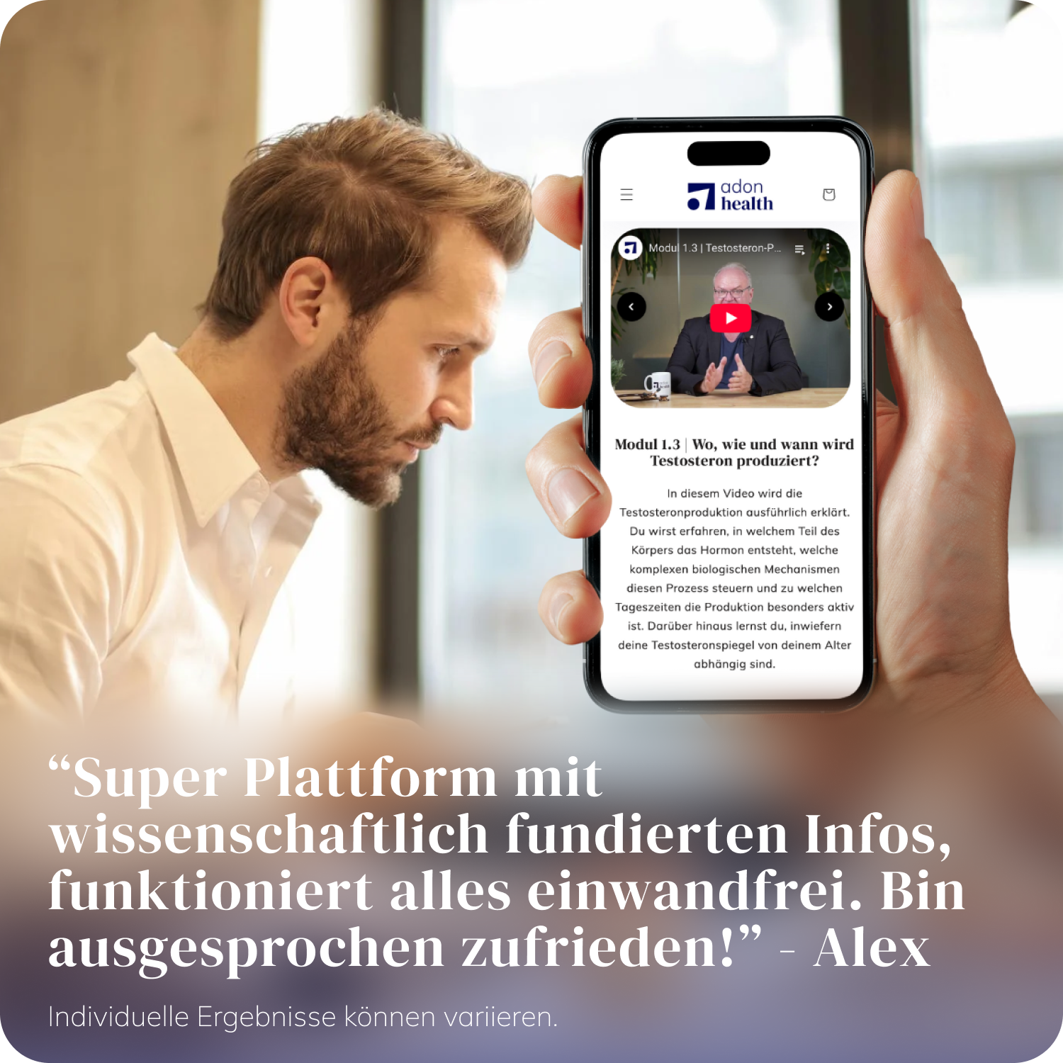 Teilnehmer schaut sich ein Modul der medizinischen Testosteron Masterclass von Adon Health auf dem Smartphone an – Erfahrungszitat eingeblendet
