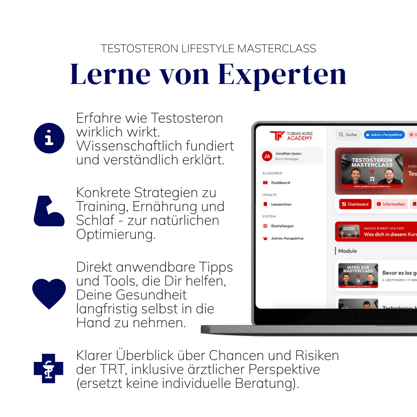Einblick in die Testosteron Lifestyle Masterclass von Adon Health mit Kursinhalten zur natürlichen Optimierung von Hormonwerten