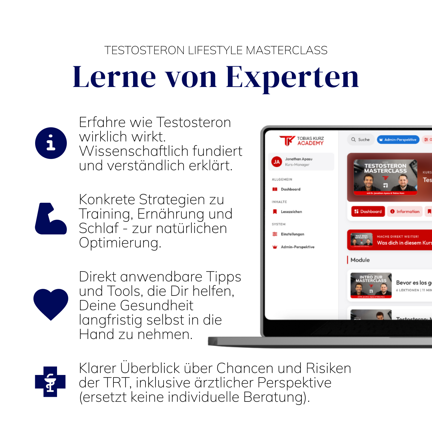 Einblick in die Testosteron Lifestyle Masterclass von Adon Health mit Kursinhalten zur natürlichen Optimierung von Hormonwerten