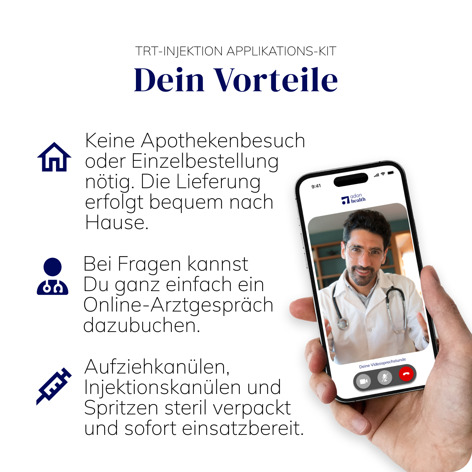 Vorteile des TRT-Injektions-Kits von Adon Health: Lieferung nach Hause, steriles Zubehör, Online-Arztgespräch optional buchbar