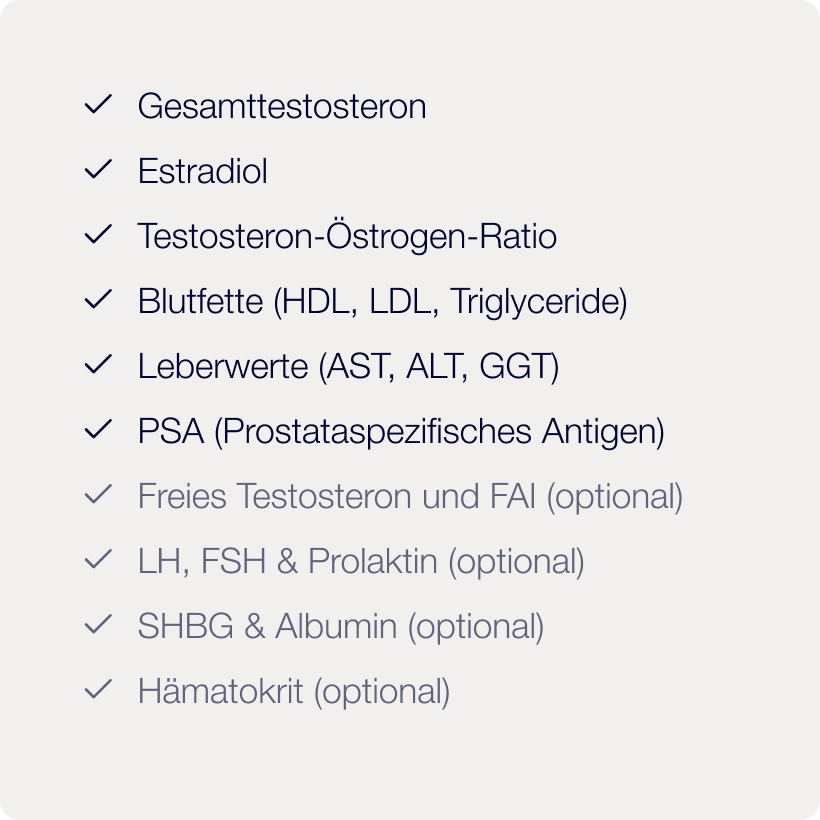 Werte im Verlaufs-Check: Testosteron, Estradiol, PSA, Blutfette, Leberwerte, optional freies Testosteron, SHBG und Hämatokrit